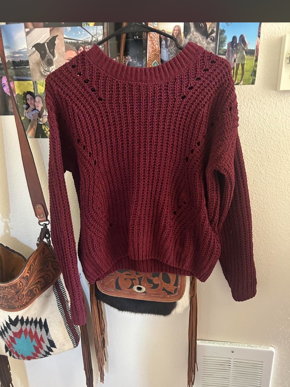SO Deep Burgundy Open-Knit Crewneck Sweater